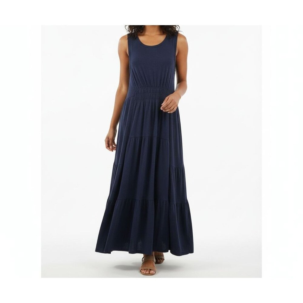 Lucky Brand Maxi Dress M Navy Blue Sleeveless Tiered Peasant Boho Cottagecore